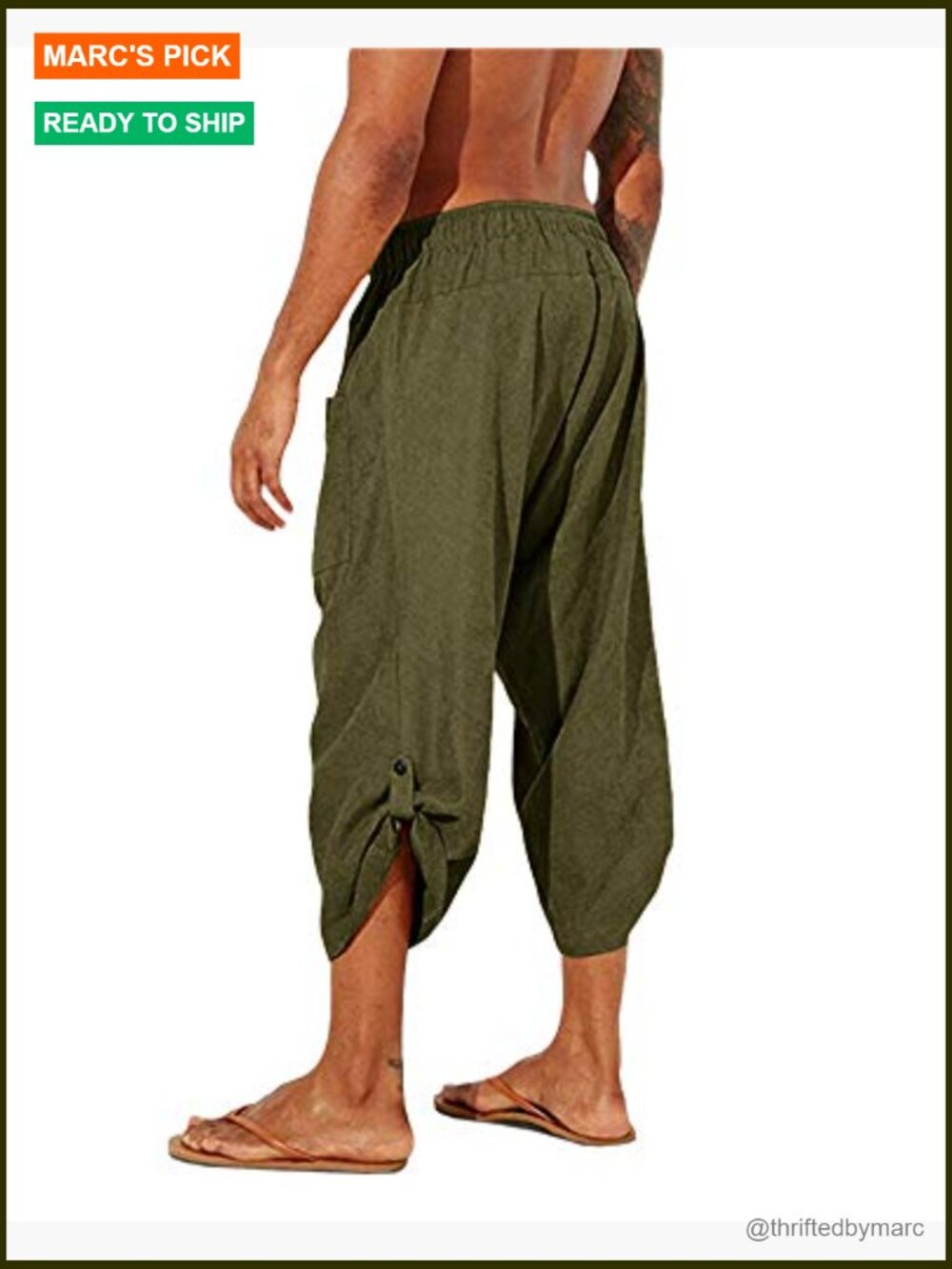 Men's Linen Harem Capri Pants Drawstring Casual Yoga Beach Shorts - Picture 2 of 7